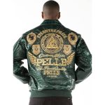 Back view of Pelle Pelle Men's Eye On The Prize Green Leather Jacket with signature embroidered graphic design.