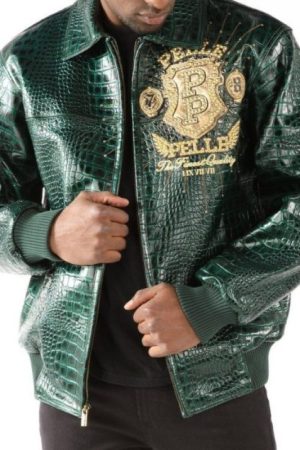 This front-facing image captures the Pelle Pelle Men's Eye On The Prize Green Leather Jacket in all its bold elegance. The jacket features a vibrant green leather exterior, accented with a shirt-style collar, full zip closure, and rib-knit cuffs for a clean, stylish finish. Its detailed construction and premium material make it a standout choice in luxury streetwear.