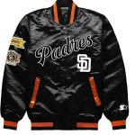 Front view of the San Diego Padres Black Jacket featuring snap-tab buttons and chest logo.