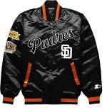 Front view of the San Diego Padres Black Jacket featuring snap-tab buttons and chest logo.