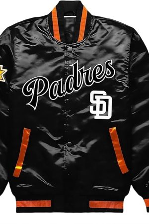 Front view of the San Diego Padres Black Jacket featuring snap-tab buttons and chest logo.