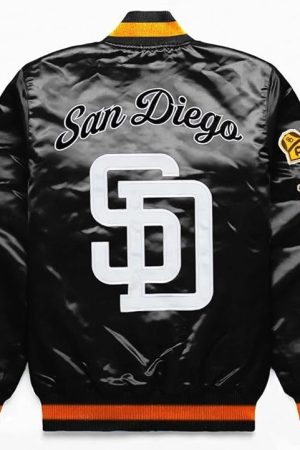 Back view of the San Diego Padres Black Jacket with bold team logo.