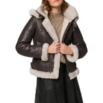 Women Dark Brown Leather Shearling Coat Aviator Jacket - Image 2