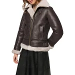 Women Dark Brown Leather Shearling Coat Aviator Jacket - Image 4