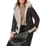Women Dark Brown Leather Shearling Coat Aviator Jacket - Image 5