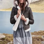 Women Dark Brown Leather Shearling Coat Aviator Jacket - Image 6