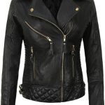 WOMEN'S BLACK LEATHER BIKER JACKET WITH GOLD ZIPPERS