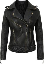 WOMEN'S BLACK LEATHER BIKER JACKET WITH GOLD ZIPPERS