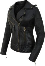 WOMEN'S BLACK LEATHER BIKER JACKET WITH GOLD ZIPPERS - Image 2