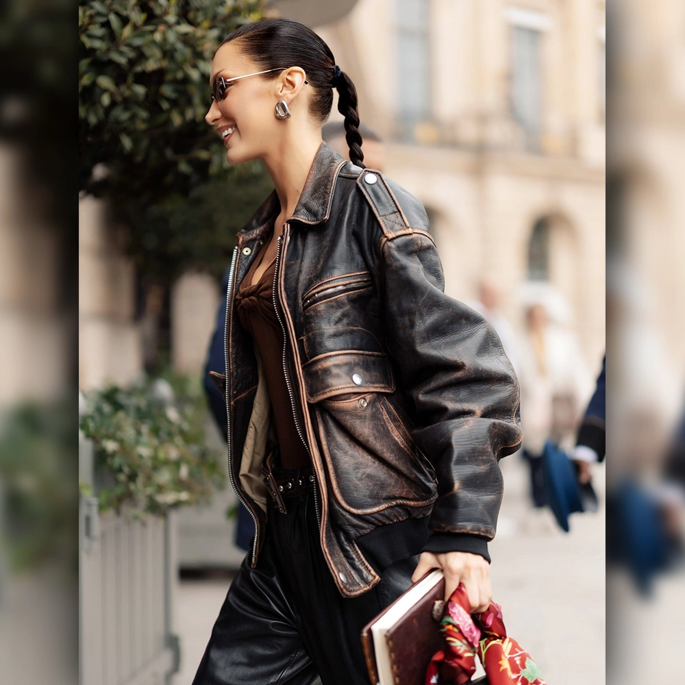 bella-hadid-paris-distressed-brown-leather-jacket-01 Bella Hadid Paris Distressed Brown Leather Jacket - Image 1