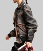 Bella Hadid Paris Distressed Brown Leather Jacket - Image 3