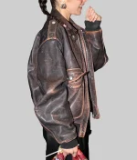 Bella Hadid Paris Distressed Brown Leather Jacket - Image 4