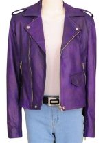 Anne Hathaway Ocean’s Eight Film Purple Leather Jacket - Image 3