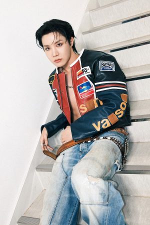 Close-up of J-Hope Leather Jacket collar and front zipper