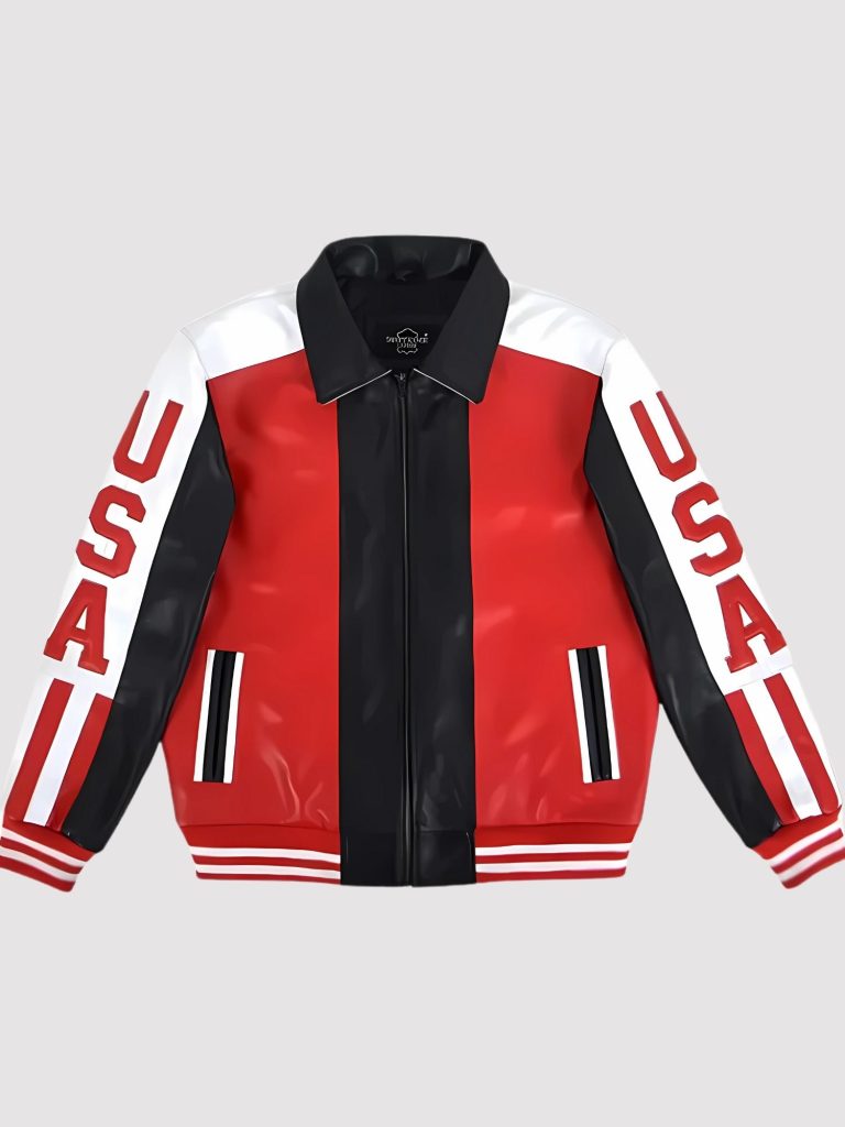 90s retro style American flag leather bomber jacket for patriotic look