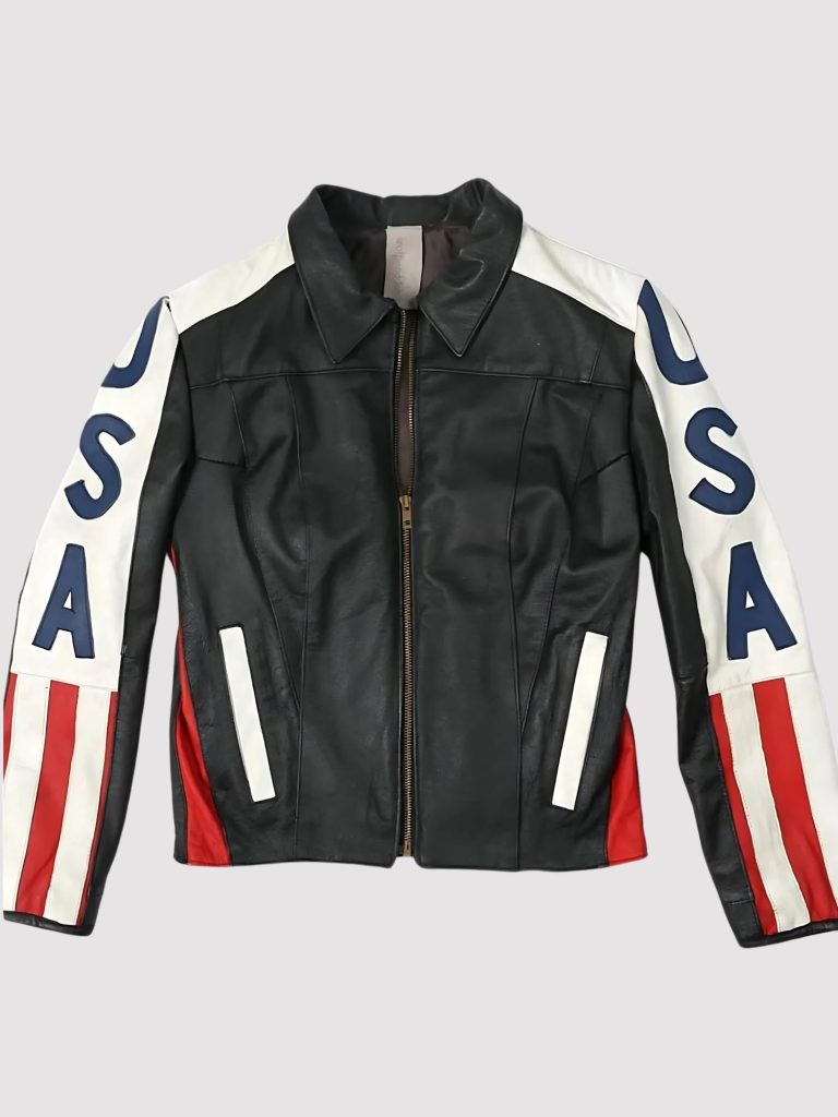 Selena Gomez inspired black leather jacket with American flag sleeve design for 4th of July