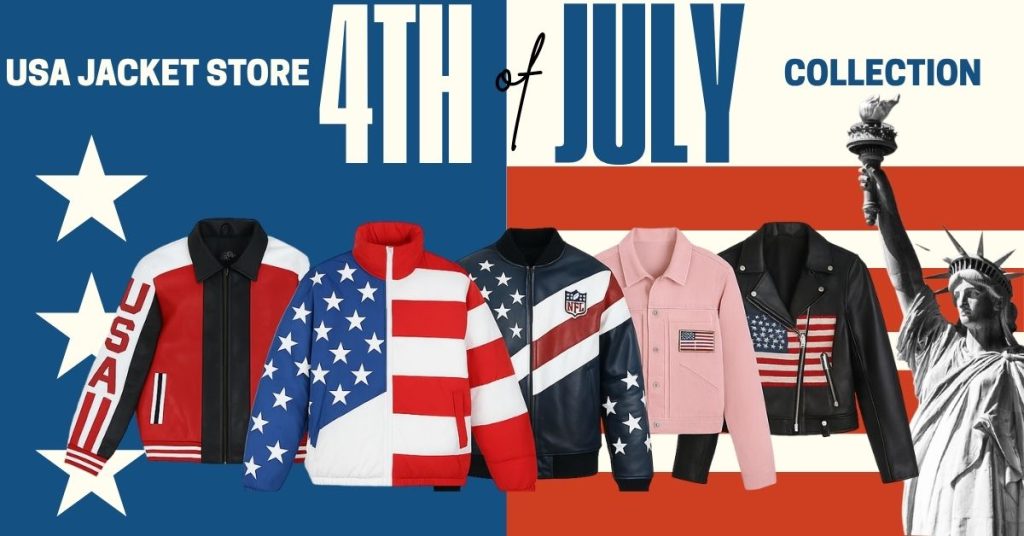 4th of July Specials blog cover showing five patriotic jackets from USA Jacket Store with American-themed background
