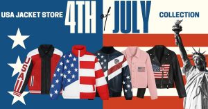4th of July Specials blog cover showing five patriotic jackets from USA Jacket Store with American-themed background