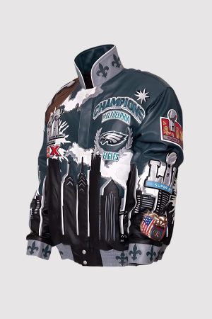 Front side pose of Eagles Champions Leather Jacket showing sleek leather and stylish fit