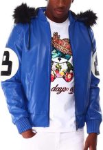 8 Ball Blue Leather Hooded Jacket - Image 3