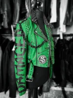 AEW Saraya Damaged Studded Green Leather Jacket