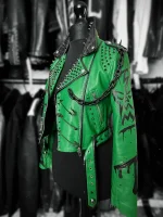 AEW Saraya Damaged Studded Green Leather Jacket - Image 3