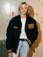 Women Model wearing Arsenal x Aries Wool Bomber Jacket