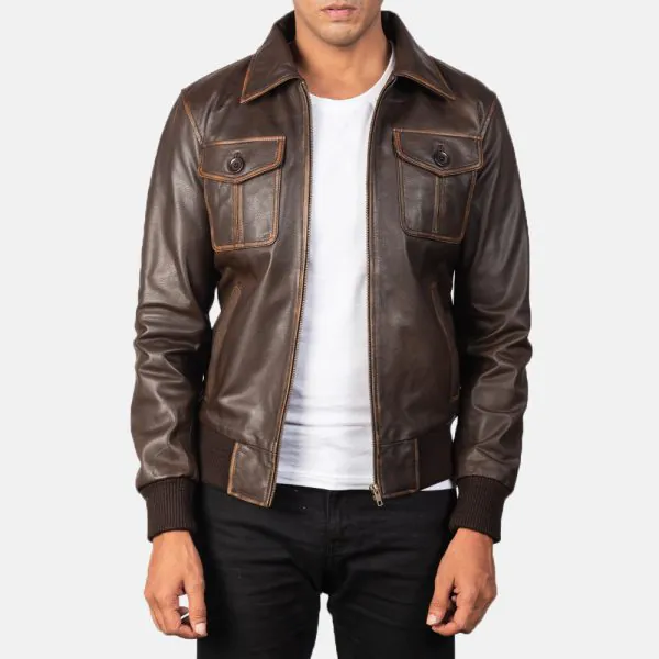 MensAaronBrownLeatherBomberJacket6414-4-1568718820320-600x600.jpg Aaron Brown Leather Bomber Jacket - Image 1