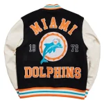 Back view of Miami Dolphins Throwback Varsity Jacket