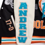 Sleeves Close-up of Andrew x Miami Dolphins Jacket logo and stitching