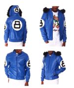 8 Ball Blue Leather Hooded Jacket - Image 2