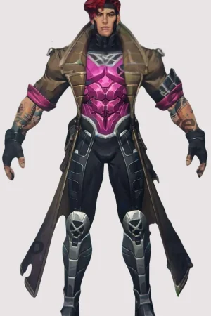 Gambit-inspired brown trench coat in real or faux leather with waist belt and open hem cuffs.