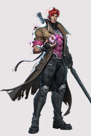 Marvel Rivals Gambit brown leather trench coat with belted front, lapel collar, and half sleeves.