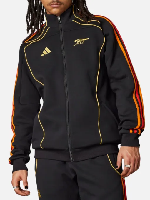 arsenal-x-nts-track-jacket-01 Arsenal X NTS Gold Logos, Red-Orange Adidas Three Stripes Sleeve Black Zipper Track Jacket