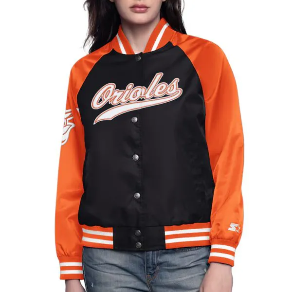 baltimore-orioles-home-run-jacket-600x600.jpg Black/Orange Baltimore Orioles Home Run Varsity Satin Jacket - Image 1