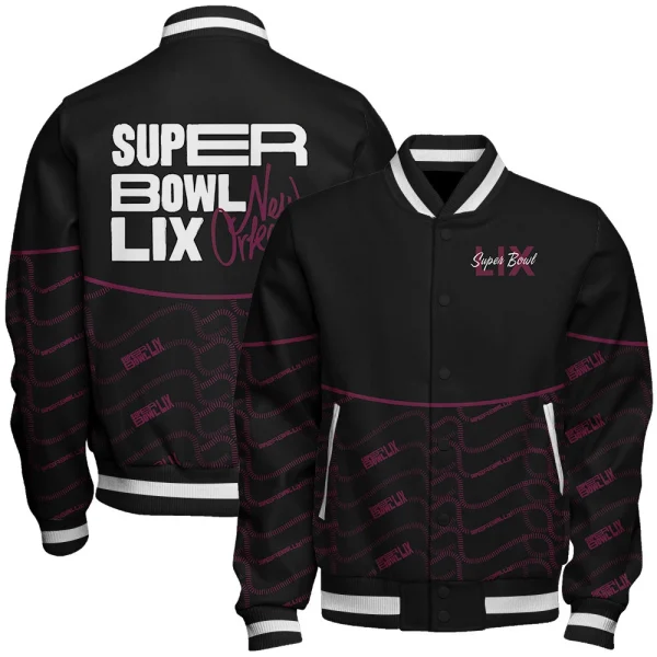 gexdknzugmxdkmjygxxtmmzugexdambqgaxdknrtgqAtenjvheAteobvheAtonq-600x600 Super Bowl LIX New Orleans Varsity Jacket – Black - Image 1