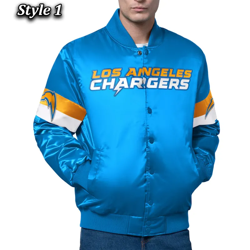 los-angeles-chargers-triple-option-jacket Los Angeles Chargers Triple Option Varsity Satin Jacket - Image 1