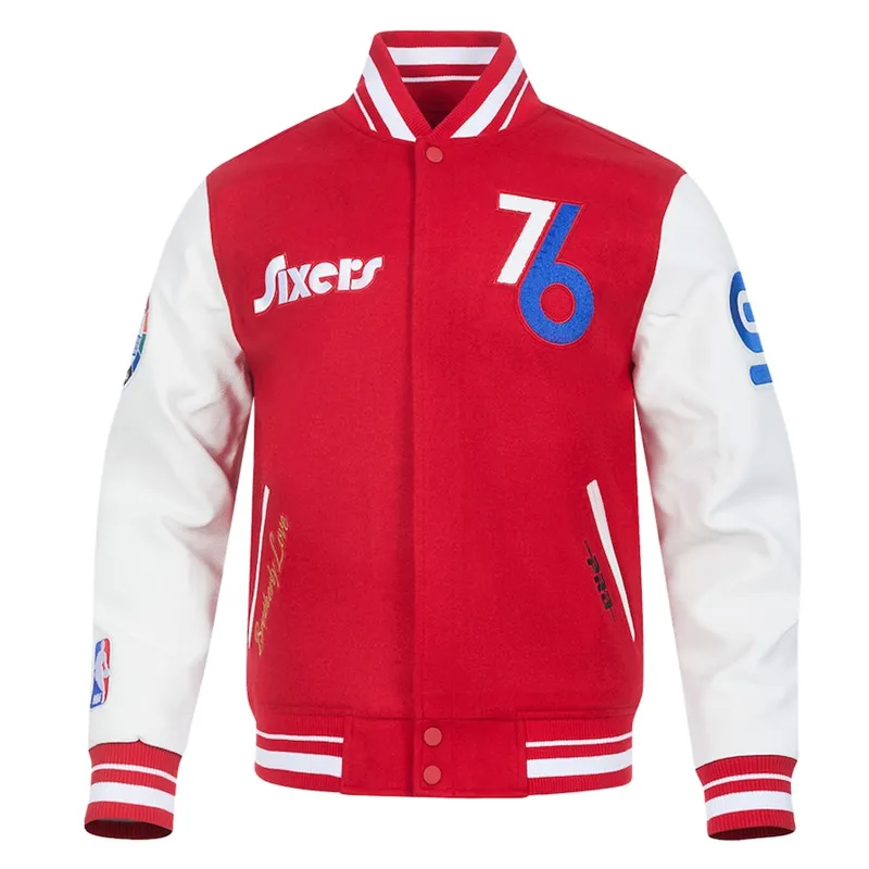 philadelphia-76ers-2024-25-city-edition-varsity-jacket Philadelphia 76ers 2024/25 City Edition Chenille Red Varsity Jacket - Image 1