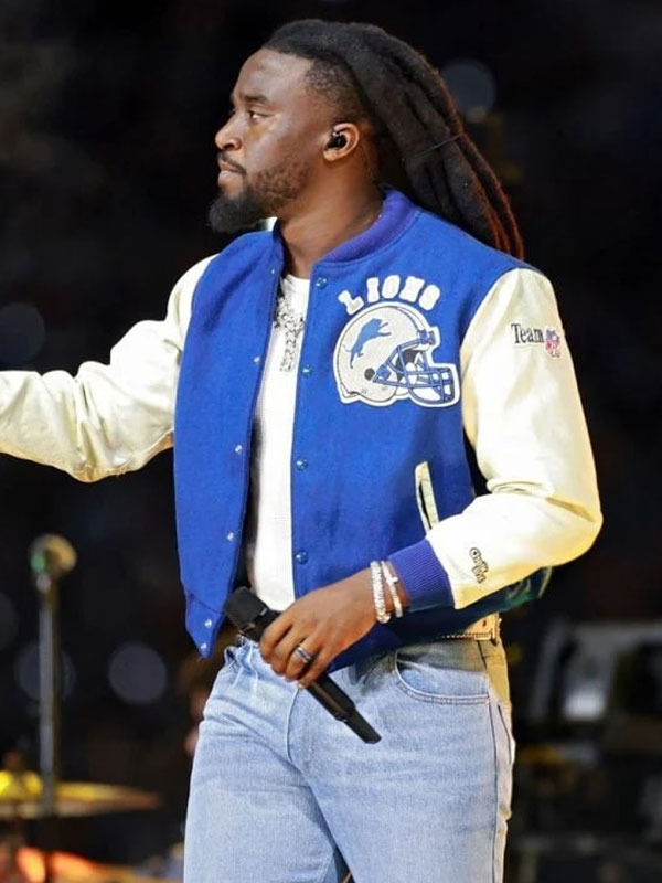 shaboozey-detroit-lions-blue-and-white-bomber-jacket-for-fans-side Shaboozey Detroit Lions Blue and White Bomber Jacket for Fans - Image 1