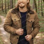 Luke Grimes camel suede leather jacket with button front and multiple pockets.