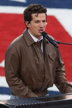 Super Bowl 60 Charlie Puth Brown Leather Jacket