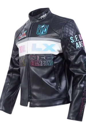 NFL SUPER BOWL 60 MEN'S MOTO JACKET (BLACK/WHITE)