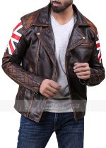 Cafe Racer Embossed Skull Biker Vintage UK Flag Leather Jacket