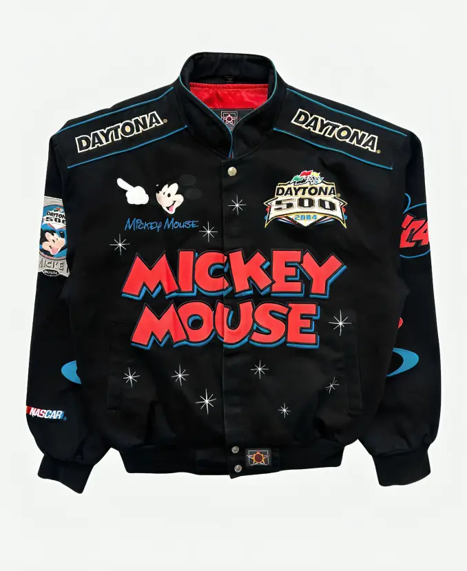 Daytona-500-NASCAR-Mickey-Mouse-Jacket Vintage JH Designs 2004 Daytona Disney Mickey Mouse Black Nascar Jacket