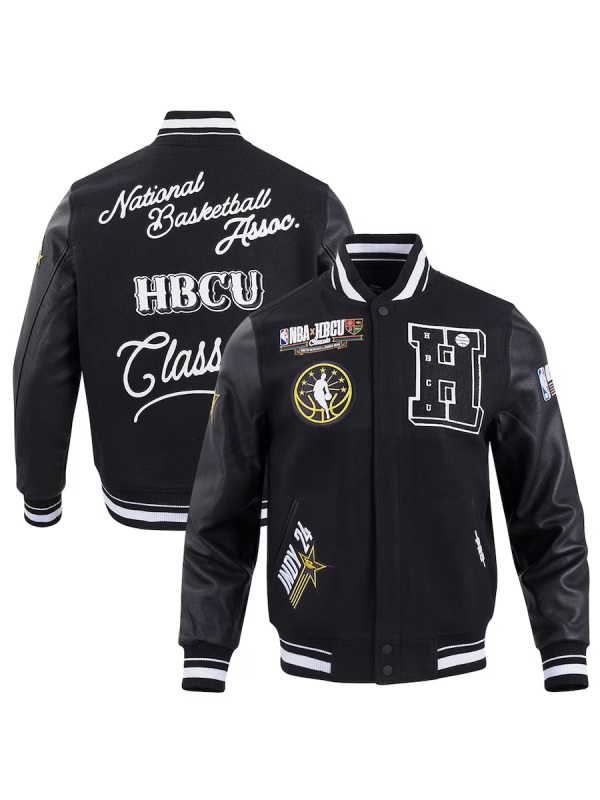 Mens-Pro-Standard-Black-2024-NBA-All-Star-Varsity-Jacket Men’s Pro Standard Black 2024 NBA All-Star Game x HBCU Classic Varsity Full-Snap Jacket