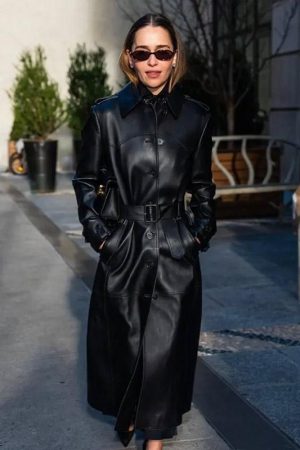 NYC 2026 Emilia Clarke Leather Trench Coat