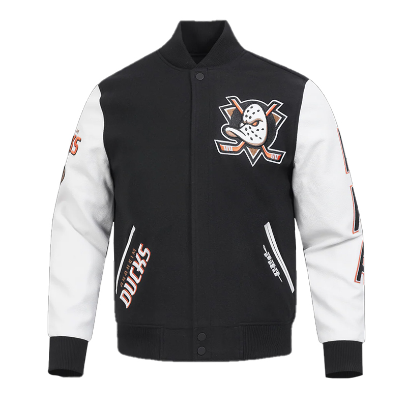 Anaheim Ducks Classic Black and White Varsity Jacket 01 Anaheim Ducks Classic Black and White Varsity Jacket