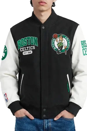 Boston Celtics City Arch Black and White Varsity Jacket