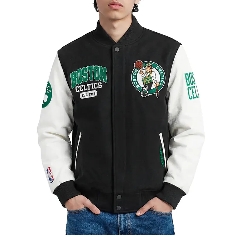 Boston Celtics City Arch Black and White Varsity Jacket 01 Boston Celtics City Arch Black and White Varsity Jacket