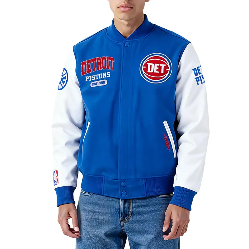 Detroit Pistons City Arch Royal and White Varsity Jacket 01 Detroit Pistons City Arch Royal and White Varsity Jacket